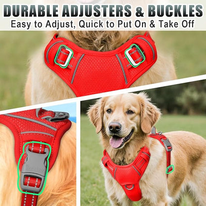 BARKBAY No Pull Dog Harness Large Reflective Dog Harness with Front Clip and Easy Control Handle for Walking Training Running with ID tag Pocket(Red,L)