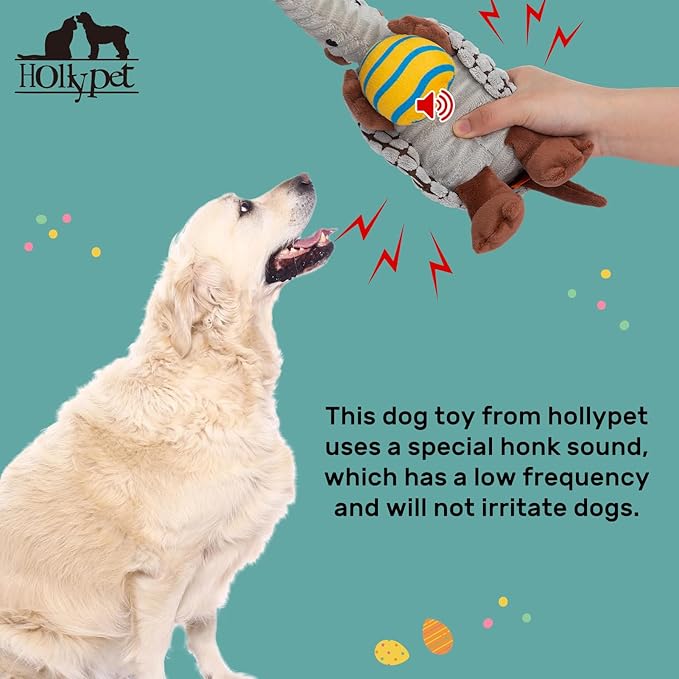 Hollypet Plush Dog Squeaky Toy Stuffed Armadillo Animal Pet Puppy Chew Toys with Clean Teeth for Small Medium Large All Breed Sizes Dogs, Gray, 8 in, Yellow Egg with Blue Stripes