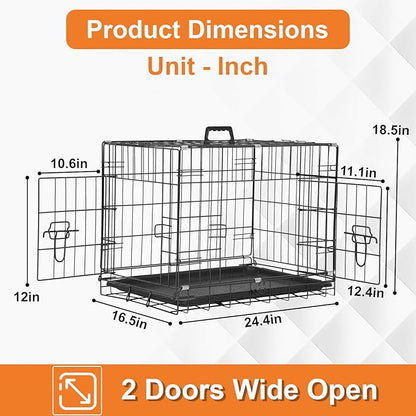 Wire Dog Crate 24 Inch Dog Kennel Cage, Double Door Folding Dog Cage, Wire Dog Kennel with Removable Tray, Indoor&Outdoor,Black
