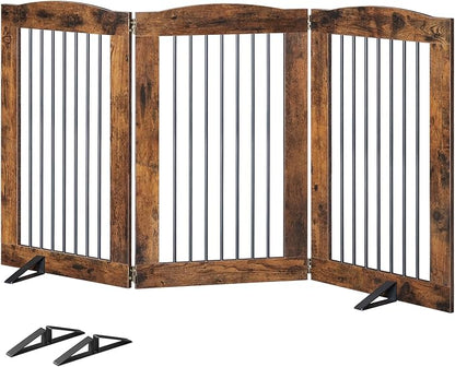 HOOBRO Indoor Dog Gate with Support Feet, Freestanding Pet Gate for Doorway, Stairs, 31.5 Inch 3 Panels, Folding Dog Fence, 360° Hinge for Easy Access, Sturdy Iron Pipe, Rustic Brown BF06PP03
