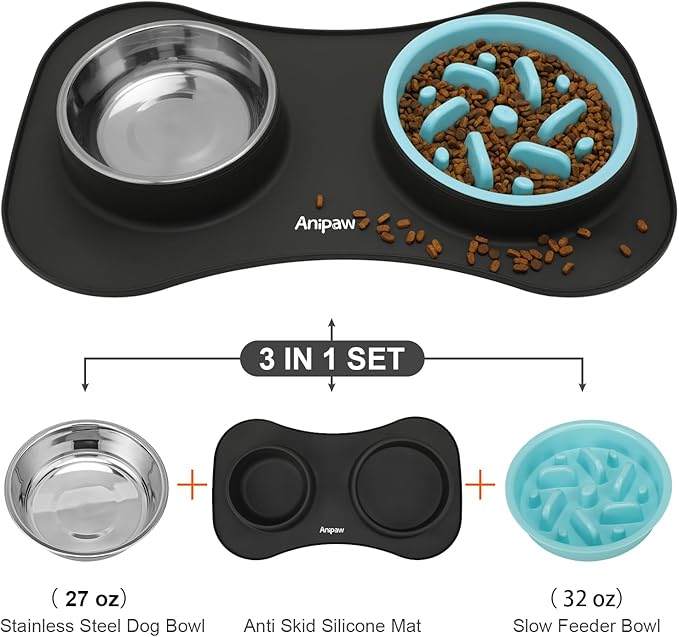 Anipaw Slow Feeder Dog Bowls 3 in 1 Stainless Steel Dog Food and Water Bowls with Non-Spill Non-Skid Silicone Mat to Slow Down Eating for Large Medium Small Breed Size Dogs and Cats (Grey Blue)