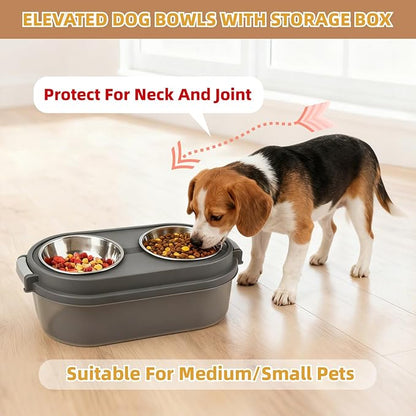 2 in 1 Elevated Dog Bowls with Pet Toys Storage Container, Basic Dog Bowls with Pet Food Storage Box