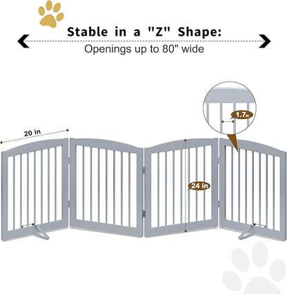 PUPETPO Freestanding Pet Gate for Dogs, Foldable Wooden Dog Gate for House, Indoor Dog Gate for Stair, Doorway, Gates for Dogs Indoor, 80 Inch Wide, 4 Panels 24", Grey
