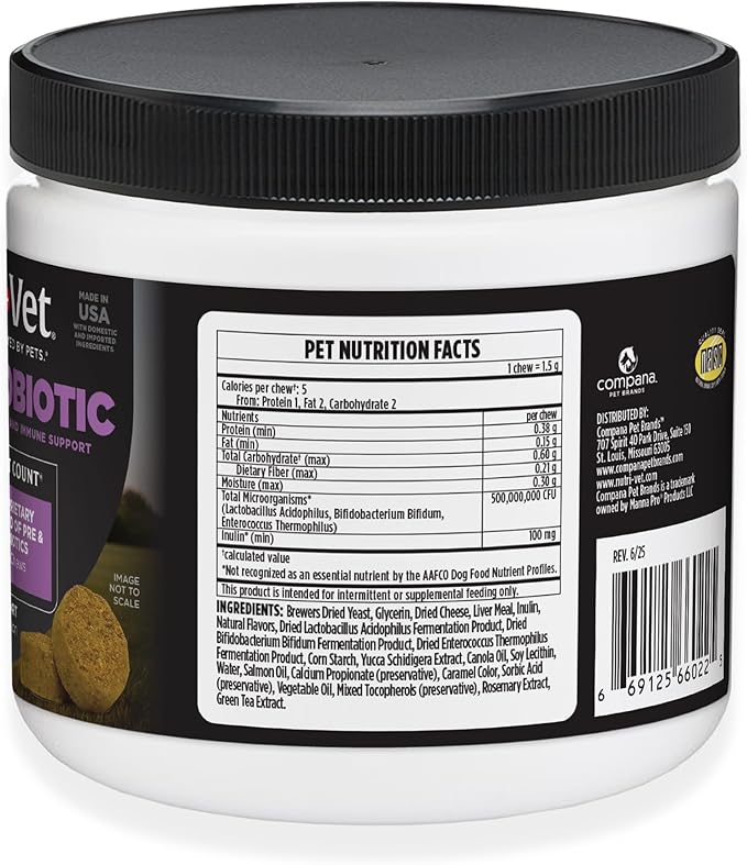 Nutri-Vet Pre & Probiotics for Dogs, Digestive Support, Upset Stomach, Puppy Probiotic, Pet Vitamins and Supplements, Dog Probiotics, Liver & Cheese Flavor, 120 Soft Chews