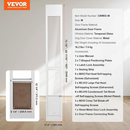 VEVOR Dog Door for Sliding Glass Door, 75 7/8"-80 11/16" Adjustable Height Doggy Door for Sliding Doors, Aluminum Frame Tempered Glass Pet Door with Hinge Structure Flap and Lock for Medium-Sized Dogs