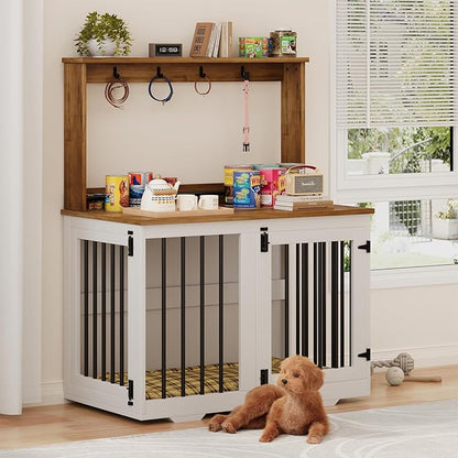 31'' Wooden Dog Crate Furniture with Storage Shelf & 4 Hooks - Heavy Duty Dog Kennel for Small/Medium Dogs, Indoor Pet Cabinet, Side Table, White
