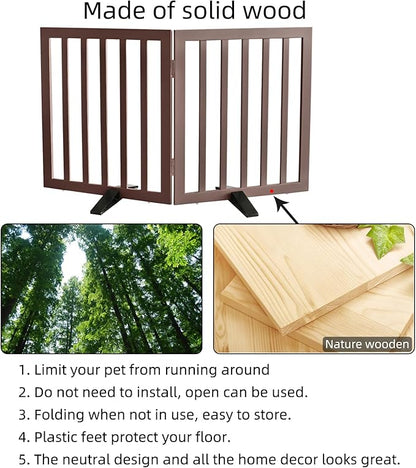 Dog Gate Indoor, Freestanding Dog Fence for The House, Doorways, Hallways,or Stairs,Pet Gate Foldable Wooden,Expandable 24" Height 2 Panels,Brown