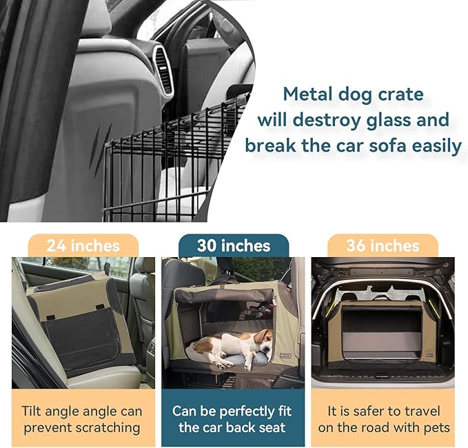 PETSFIT Dog Travel Crate, Collapsible Dog Crate- 30 Inch Sturdy Adjustable Structure, Easy to Set Up, Portable Soft Dog Kennel for Car, Light Tough with 3 Mesh Doors, Army Green