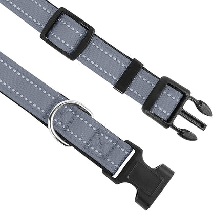 Reflective Dog Collar, Adjustable Soft Neoprene Padded Nylon Pet Collars with Buckle for Medium Dogs, Gray,M