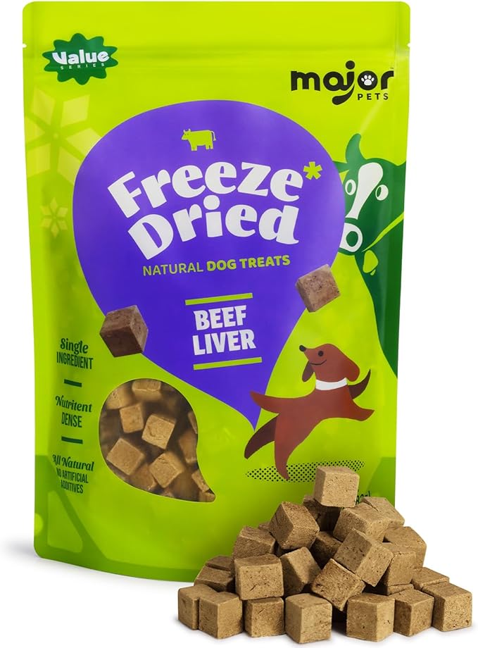 MAJOR PETS Freeze Dried Beef Liver Dog Treats - Single Ingredient - No Preservatives & High Protein - Grain Free - Premium Training Treats & Meal Topper - Made and Sourced in the USA - 3.5 oz