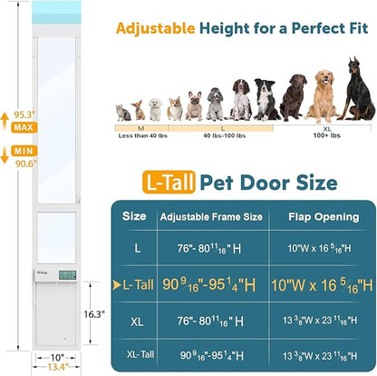 Automatic Sliding Glass Dog Door with Collar Sensor，Large Electric Doggy Door for Sliding Glass Doors, Adjustable 90 9/16" to 95 1/4" Slider Height, Anti-Pinch,Fits Dog Up to 100 Lbs (L-Tall)