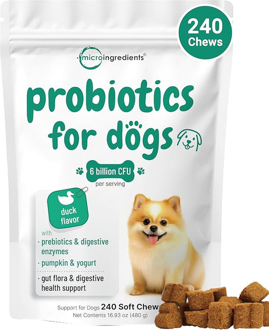 Micro Ingredients Probiotics for Dogs, 240 Soft Chews | Daily Digestive Health Probiotic Chews for Dogs with Prebiotics & Enzymes | Supports Gut Flora & Immune Function* | Non-GMO, Duck Flavor