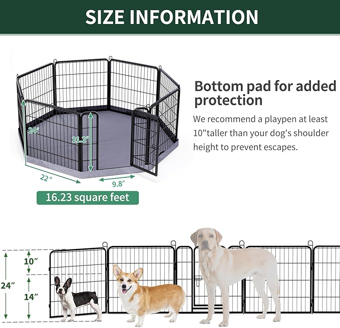 PETIME Dog Playpen,Metal Exercise Puppy Pen Heavy Duty Kennels Yard Fence Indoor/Outdoor 22" W x 24" H 8 Panels Dog Cage with Octagon Bottom Pad