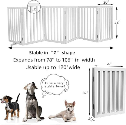 ZJSF Freestanding Indoor Dog Gate for House Foldable Wood White Puppy Gate for Doorways Pet Gate for Stairs Extra Wide Pet Fence 32" Height 6 Panels