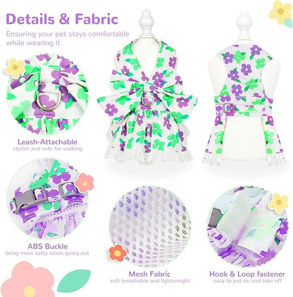ABRRLO Dog Harness Dress Leash Set for Small Dog Summer Clothes Girl Female Puppy Cats Outfits Cute Floral Bowknot Princess Birthday Dress for Extra Small Pet Doggie Kitten Outfits Apparel(Green,L)
