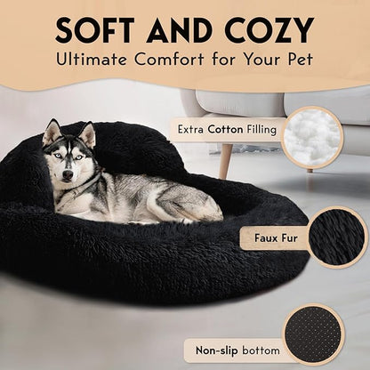 PetJett Large Dog Bed - 36'' Calming Donut Dog Beds, Anti-Slip & Washable Large Round Bed, Fluffy Faux Fur Pet Bed, Super Soft Anti-Anxiety Premium Comfort Bed, Fits Dogs up to 80 lbs - Black