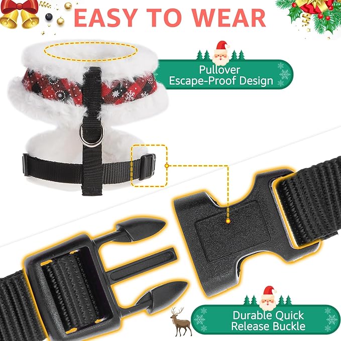 SCENEREAL Dog Christmas Harness Collar and Leash Set, Warm Fleece No Pull Puppy Vest Harnesses No Chock Adjustable Small Pet Halter for Outdoor Walking Training, Black Red Plaid S