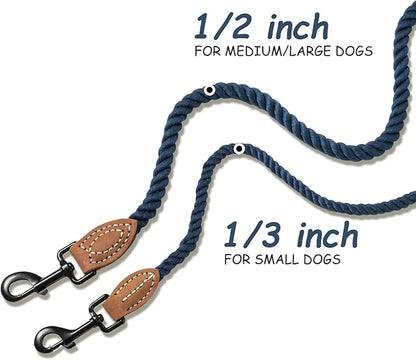 Mile High Life Dog Leash, Braided Cotton Rope Leashes with Leather Tip - Heavy Duty Metal Clasp, 5FT, 1/3" Thick - Wedding, Walking Leash for Small Medium Puppy(Navy)