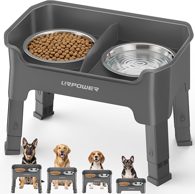 URPOWER Mess Proof Elevated Dog Bowls, High Wall Splash Guard Design, 4 Height Adjustable Raised Bowl Stand, 2 Stainless Steel Bowls, Non-Slip Food Water Set for Small Medium Large Dogs