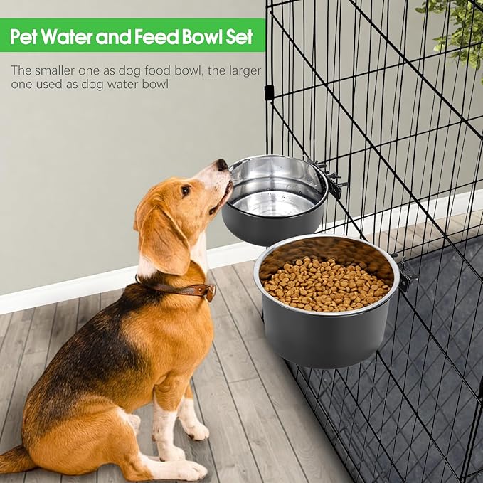 2 Pcs Large Dog Food Water Bowl for Cage with Upgraded Clamp Holder, Black Pet Kennel Hanging Bowls Stainless Steel Non-Spill Detectable Bowls Crate Feeder Dish for Large Dogs (7x3.7''& 6.3x2.5'')