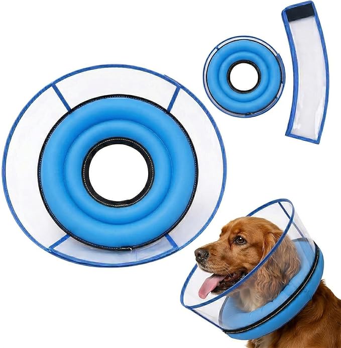 2-in-1 Soft Inflatable Dog Cone Collar Alternative with Enhanced Anti-Licking Guard Shield, Dog Collar After Surgery, Adjustable Recovery Cones for Large Medium Small Dogs and Cats(Blue, M+)