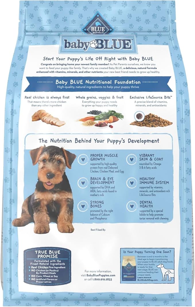 Blue Buffalo Baby Blue Natural Dry Food for Puppies, Healthy Growth Formula with DHA, Savory Chicken Recipe, 4-lb Bag