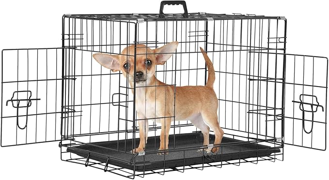 Wire Dog Crate 24 Inch Dog Kennel Cage, Double Door Folding Dog Cage, Wire Dog Kennel with Removable Tray, Indoor&Outdoor,Black