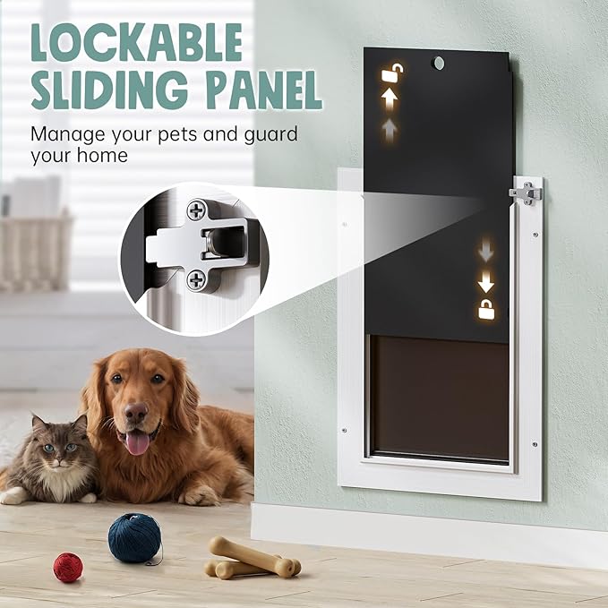 3-Flap Insulated Aluminum Dog Door for Walls, Heavy-Duty Telescoping Pet Door with Dual Security Locks & Magnetic Flaps, Closing Panel, Large, Pets Up to 110 LB