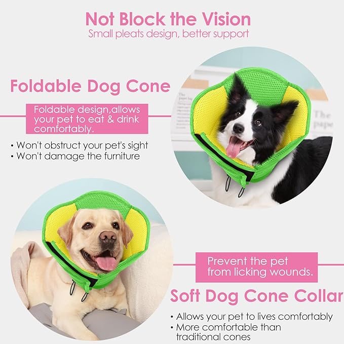 AOFITEE Dog Cone - Soft Cone for Dogs After Surgery, Comfy Cones for Large Dogs to Stop Licking, Adjustable Soft Dog Cone Collar, Elizabethan Pet E-Collar for Wound Healing, YellowGreen Large