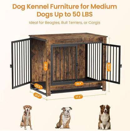 Derfullo Dog Crate Furniture, 38 Inch Indoor Dog Kennel for Medium Dogs Up to 50 LBS, Heavy Duty Wooden Pet Cage End Table with 3 Doors, Alloy Steel Frame & Removable Tray