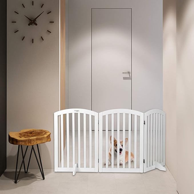 Bonnlo 30'' Tall White Freestanding Dog Gates for Doorways, Trifold Pet Gate Step Over Foldable Gate, Wooden 3 Panel Pet Gate Christmas Tree Fence with 3 PCS Foot Supporters, Up to 61'' Wide