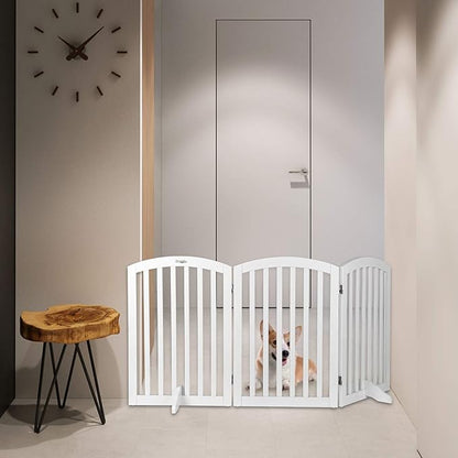 Bonnlo 30'' Tall White Freestanding Dog Gates for Doorways, Trifold Pet Gate Step Over Foldable Gate, Wooden 3 Panel Pet Gate Christmas Tree Fence with 3 PCS Foot Supporters, Up to 61'' Wide
