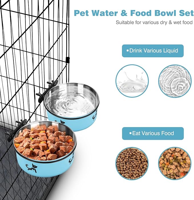 Dog Crate Bowls Hanging No Spill, 2 Pack Dog Crate Water Bowl, Kennel Food Bowls Mountable for Crates, Large Stainless Steel Pet Cage Accessories Feeder Coop Cup Dish for Puppy Bunny Guinea Pig Ferret