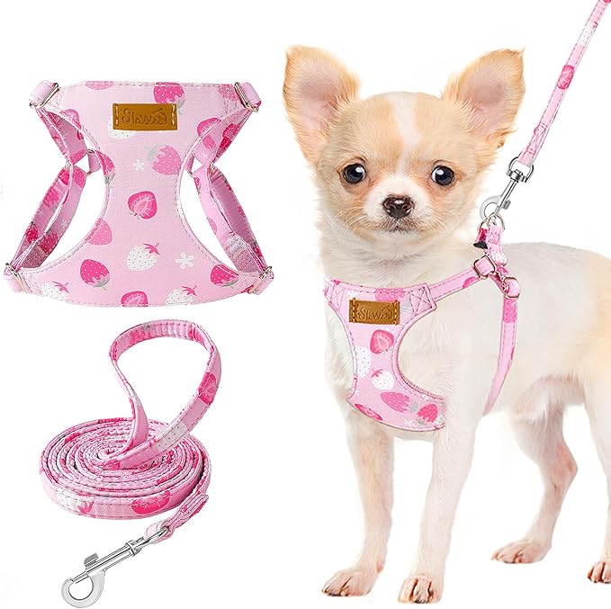 Lukovee Puppy Harness and Leash Set, No Pull Lightweight Soft Suede Adjustable Pet Harness Vest with Snap Buckle for Puppy Small and Medium Size Dog (Pink Strawberry, S)