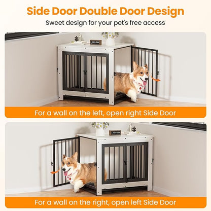 Derfullo Dog Crate Furniture, 29 Inch Indoor Dog Kennel for Small Dogs Up to 30 LBS, Heavy Duty Wooden Pet Cage End Table with 3 Doors, Alloy Steel Frame & Removable Tray