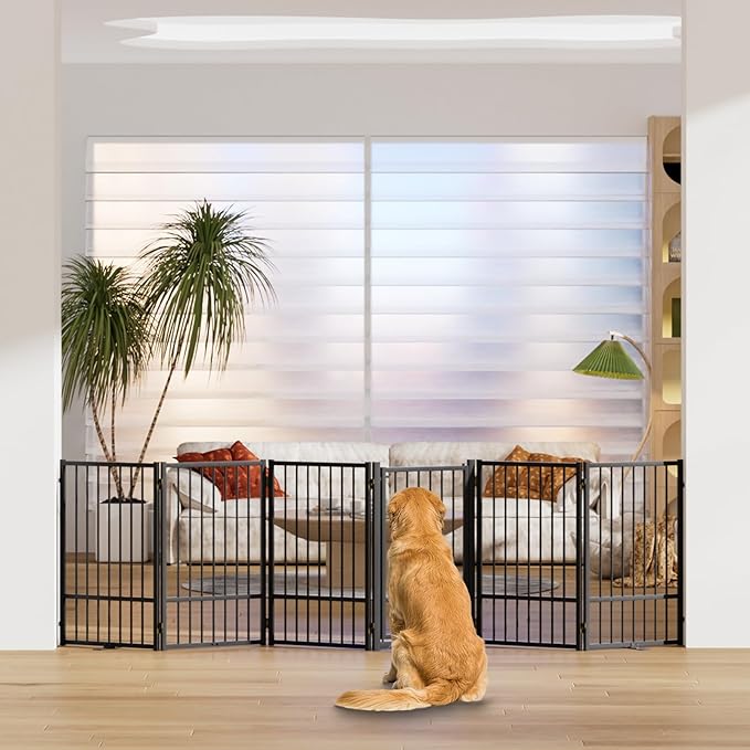 SNUOWU Full Metal Freestanding Dog Gate with Door, 32''Height Foldable Pet Dog Fence for Indoor & Outdoor, 6 Panels Extra Wide Free Standing TallDog Gates for Doorways,House,Stairs,Porch,Deck,Yard