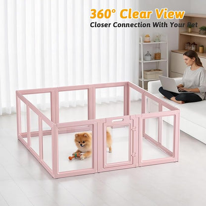 DIY Clear Acrylic Dog Playpen House,Quick Easy Assembly and Disassembly,Strong Floor Suction,Indoor and Outdoor Use,Easy Cleansing Puppy Fence (Skin Pink, 23.6" H, 12PCS)