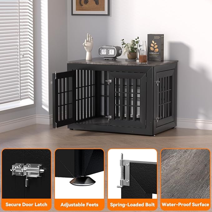 Snuowu 38" Heavy Duty Dog Crate Furniture for Small,Medium and Large Dogs,Rustic Wooden Dog Cage Kennel Indoor Furniture with Waterproof Top,Decorative Pet House Side End Table (Black & Grey)