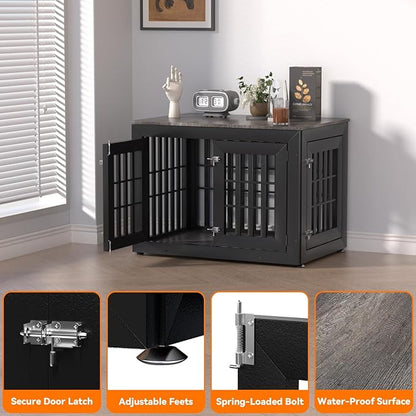 Snuowu 38" Heavy Duty Dog Crate Furniture for Small,Medium and Large Dogs,Rustic Wooden Dog Cage Kennel Indoor Furniture with Waterproof Top,Decorative Pet House Side End Table (Black & Grey)