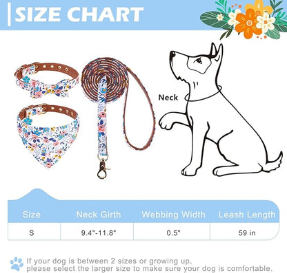 EXPAWLORER Small Collar and Leash Set - Embroidery Pawprints with Bow Tie and Bandana Collar with Bell, Soft Tangle Free Leash for Dogs Cats Outdoor Walking, Holiday Ideal Gift Blue Flowers S