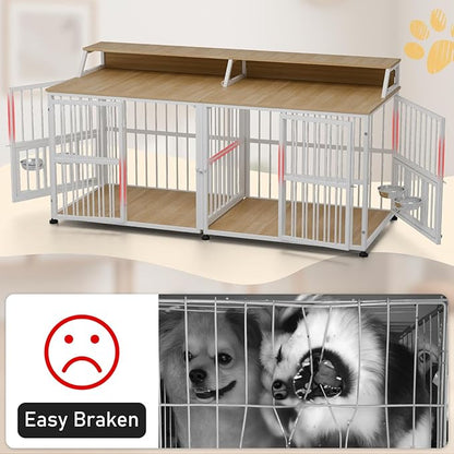 Dog Crate Furniture for 2 Dogs, 72" Extra Large Double Dog Cage Large Breed, XXL Thick Wooden Dog Crate with Storage Rack, Sturdy Dog Kennel with Removable Divider