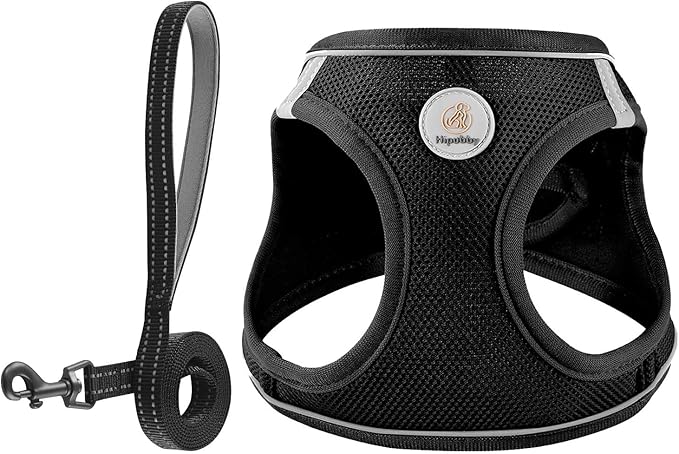 Hipubby Dog Harness and Leash Set, No Pull Soft Mesh Puppy Harness for Small Medium Dogs, Cats - Step in Reflective Breathable Lightweight Vest Harness for Walking, Training - Black, S