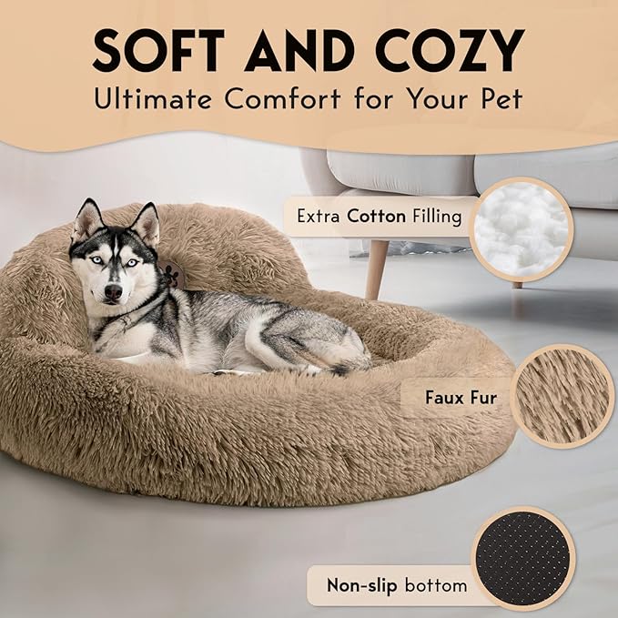 PetJett Large Dog Bed - 36'' Calming Donut Dog Beds, Anti-Slip & Washable Large Round Bed, Fluffy Faux Fur Pet Bed, Super Soft Anti-Anxiety Premium Comfort Bed, Fits Dogs up to 80 lbs - Beige