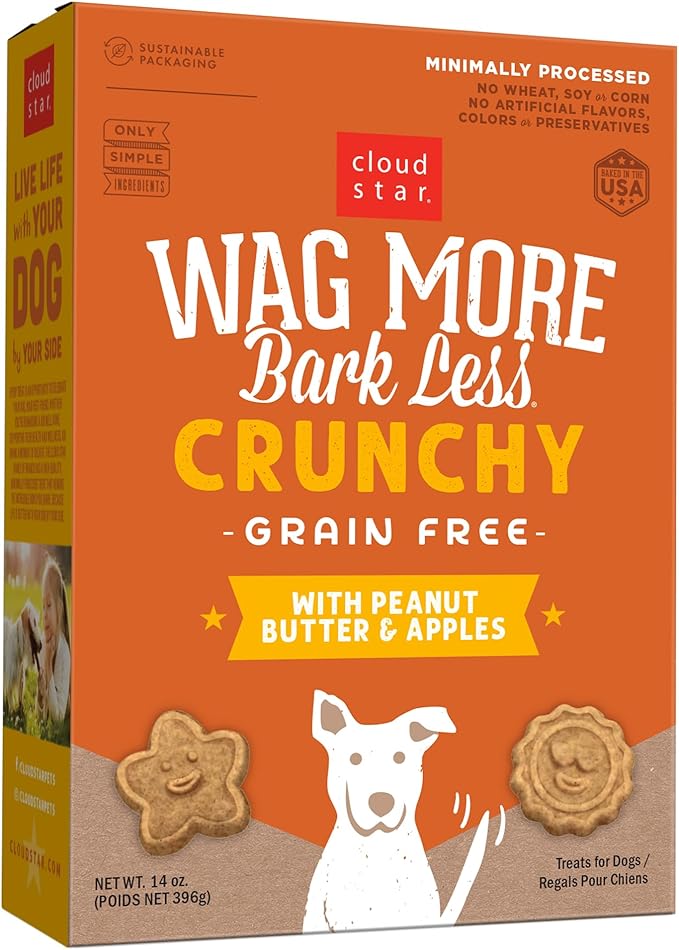 Cloud Star Wag More Bark Less Crunchy Grain Free Dog Treats, Peanut Butter & Apples, 14 oz. Box