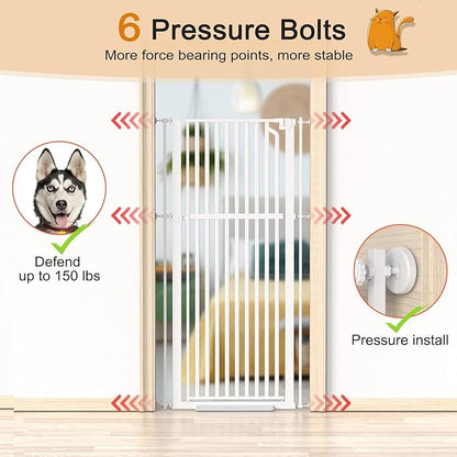 Senneny 63' Extra Tall Cat Gate Auto Close & One-Hand Open, Includes Extension Kits, No Drilling Pressure Mounted and Wall Mounted Kits, Metal Pet Gate Fits Openings 45.2' to 49.2' Wide, White