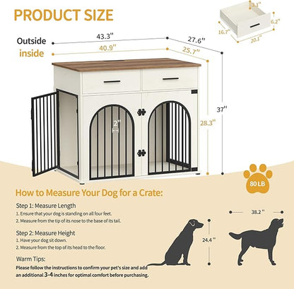 Hzuaneri 43.3'' Large Dog Crate Furniture with 2 Storage Drawers, Heavy Duty Dog Kennel Indoor with Charging Station, Wooden Dog Cage End Table Kennel for Medium/Large Dogs, White Brown DFC88214B