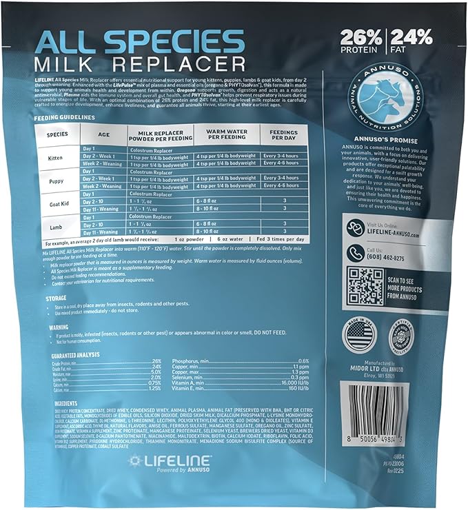 ANNUSO LIFELINE All Species Milk Replacer 26:24, 4lb Bag - Milk Formula with LifePulse - For Kittens, Puppies, Goat Kids, Lambs - Immune, Digestive, Respiratory Support - Easy-Mix Powder