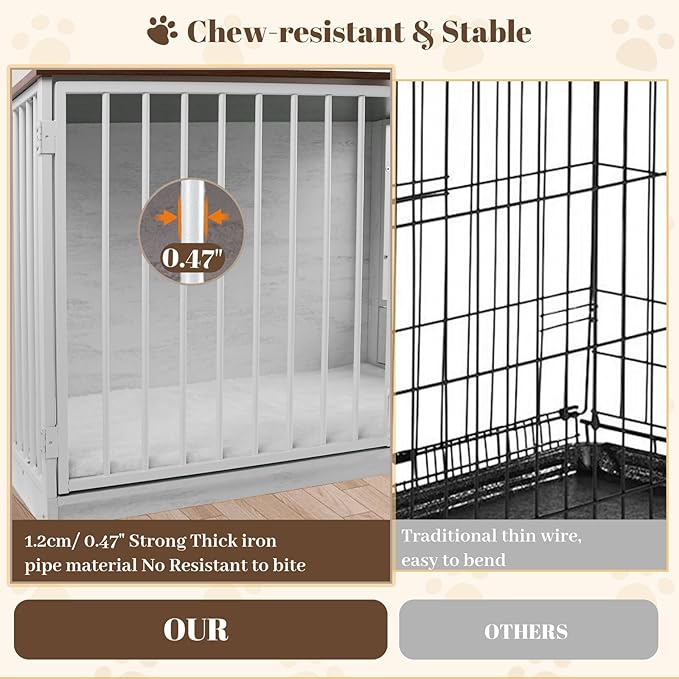 TBWIND Dog Crate Furniture for Large Dogs, 36" Indoor Wooden Dog Kennel with 270° Swivel Door & 360° Rotating Feeder, Decorative Heavy Duty Dog House with Double Locks & Bowls, White