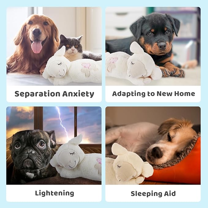 ALL FOR PAWS Heartbeat Dog Toy with Warm Bag for Puppy Anxiety Relief & Sleep Aid, Heartbeat Stuffed Animal Dog Toy for Behavioral Training, Snuggling Plush Toy for Puppy Calming Aid, White Sheep