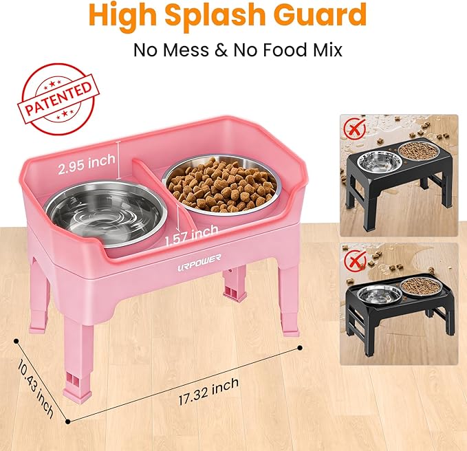 URPOWER 3-in-1 Elevated Dog Bowls - Mess Proof Double Deck 4 Height Adjustable Raised Stand with 2 Stainless Steel Food Bowls & Licking Plate for Small, Medium & Large Dogs